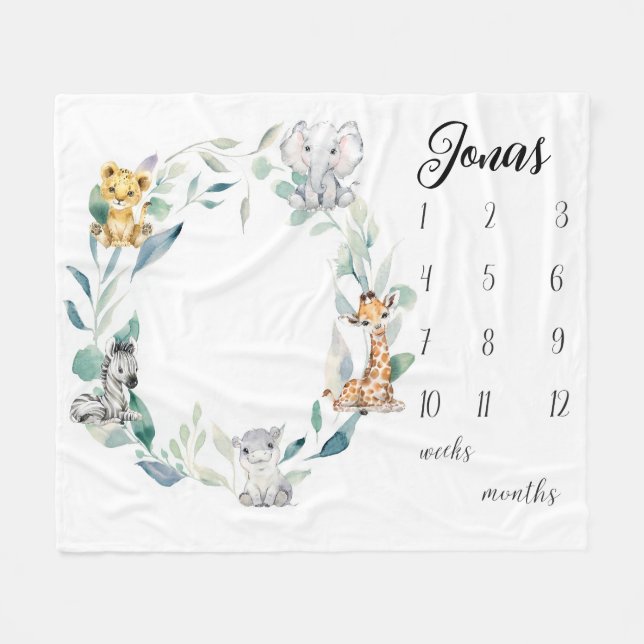 Couverture Polaire Safari Animaux Milestone Blanket pour garçons, Wat (Devant (Horizontal))