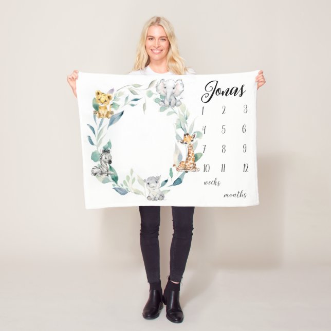 Couverture Polaire Safari Animaux Milestone Blanket pour garçons, Wat (En situation)