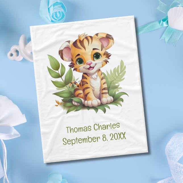 Couverture Polaire Safari de la Jungle de tigre personnalisé Couvertu (Tiger Jungle Safari Baby Blanket. Personalize it with babies name and birthday. )