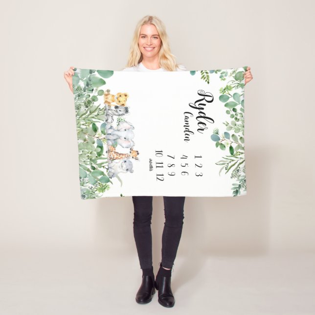Couverture Polaire Safari Personnalisé Animaux Baby Milestone Blanket (En situation)