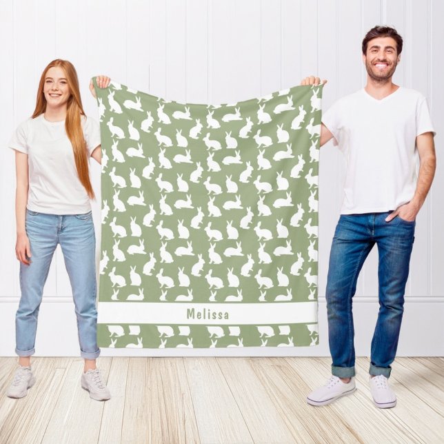 Couverture Polaire Sage Green And White Bunny Pattern And Name Easter (Créateur téléchargé)