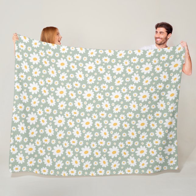 Couverture Polaire Sage Green Hand Drawn Daisy Pattern (En situation)