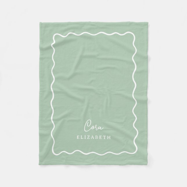 Couverture Polaire Sage Green Wavy Border Monogrammed (Devant)