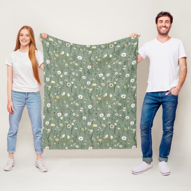 Couverture Polaire Sage Vert Jaune Blanc Boho Fleur sauvage Floral (En situation)
