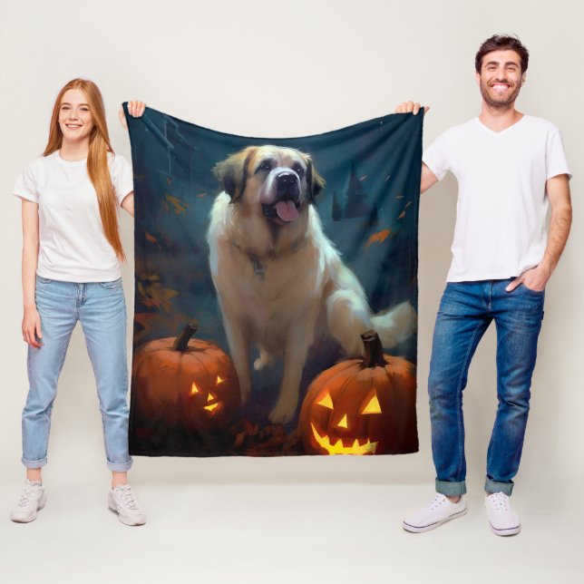 Couverture Polaire Saint Bernard Halloween avec citrouilles épouvanta (En situation)