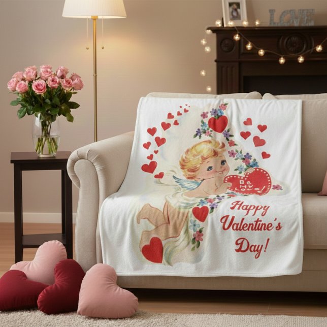 Couverture Polaire Saint Valentin Cupid Sois Mon Amour Milieu de Sièc (Mid Century Vintage Cupid Be My Love Valentine Fleece Blanket)