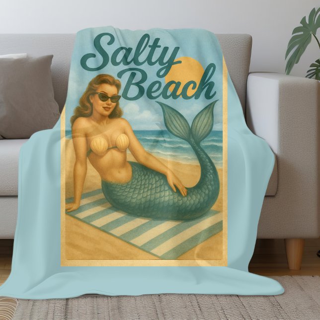 Couverture Polaire Salty Beach Retro Pin-Up Mermaid Art Funny Coastal (Créateur téléchargé)