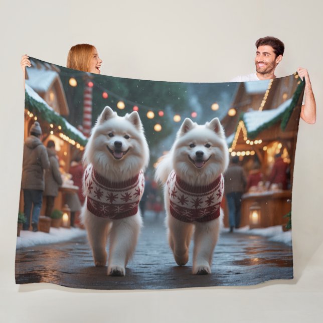 Couverture Polaire Samoyed Dogs Christmas Snow Holiday (En situation)