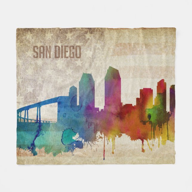 Couverture Polaire San Diego, horizon de ville d'aquarelle de CA | (Devant (Horizontal))