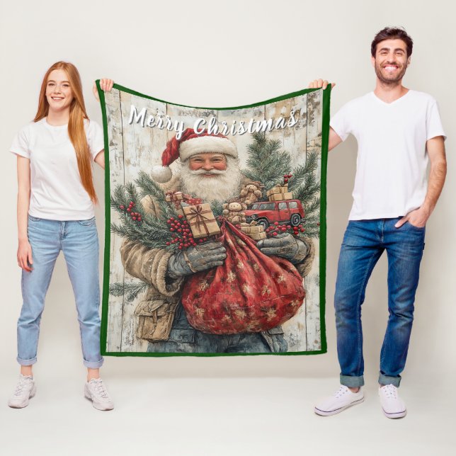 Couverture Polaire Santa Claus Christmas Presents Red Sack Pine Branc (En situation)