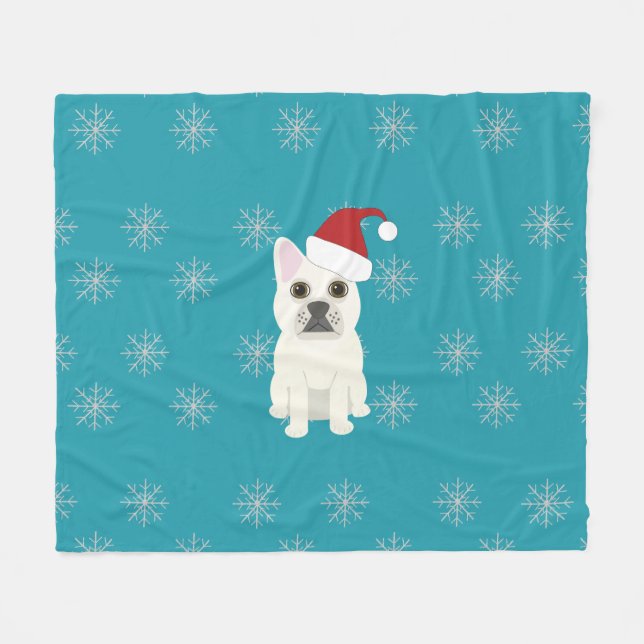 Couverture Polaire Santa Frenchie, Flocons Bleus (Devant (Horizontal))