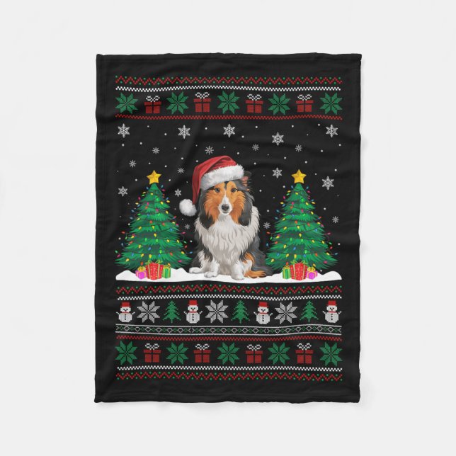 Couverture Polaire Santa Hat Shetland Sheepdog Chien Xmas Tree Light  (Devant)