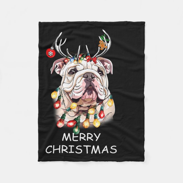 Couverture Polaire Santa Reindeer English Bulldog Dog Christmas Light (Devant)