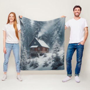 Couverture Polaire Scène Cabine d'hiver avec neige et pins