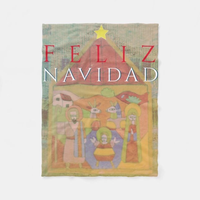 Couverture Polaire Scène de la Nativité Folk "Feliz Navidad" (Devant)