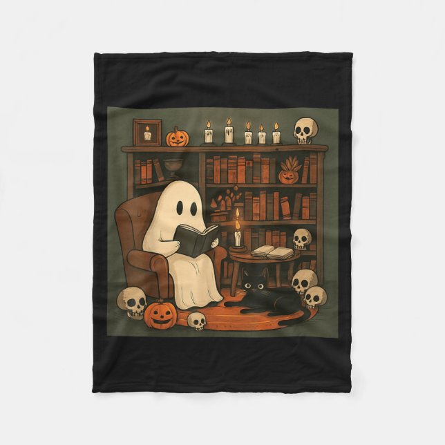 Couverture Polaire Scène de lecture cosy Halloween avec fantôme et ch (Devant)