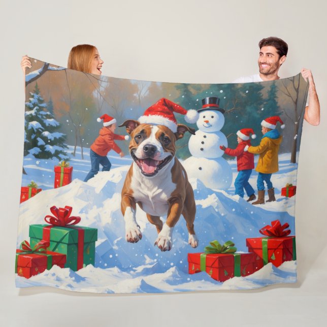 Couverture Polaire Scène de neige festive de Noël avec Bull Terrier (En situation)