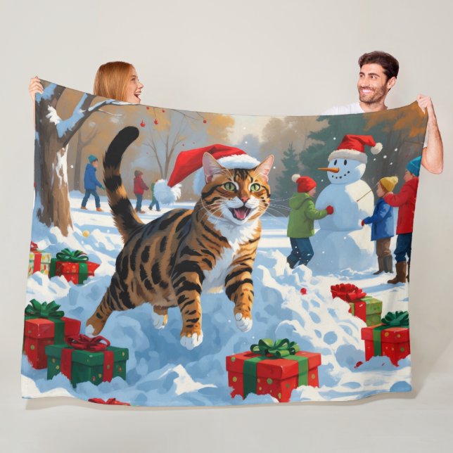 Couverture Polaire Scène de neige festive de Noël avec un chat Bengal (En situation)