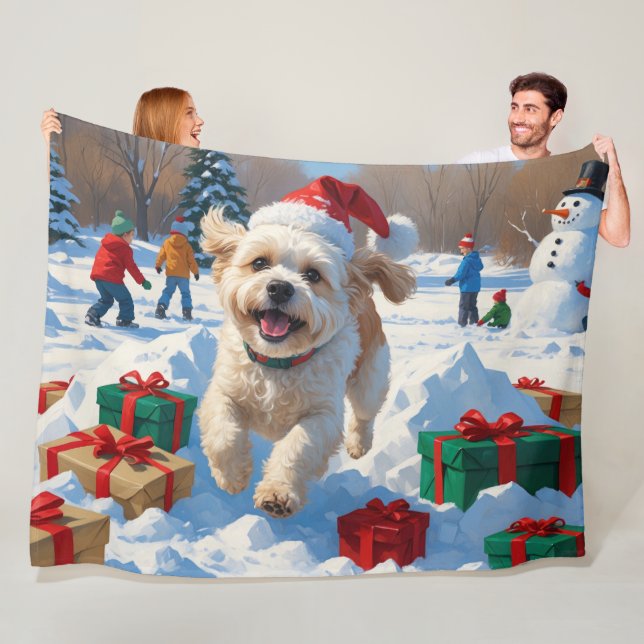 Couverture Polaire Scène de neige festive de Noël Bichon Frise (En situation)