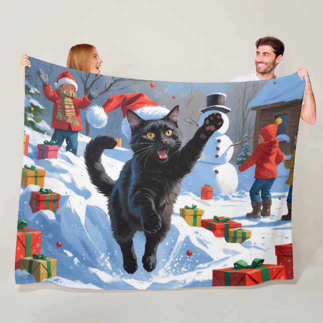 Couverture Polaire Scène de neige festive de Noël Black Cat (En situation)