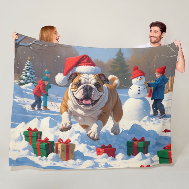 Couverture Polaire Scène de neige festive de Noël Bulldog (En situation)