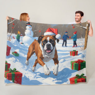 Couverture Polaire Scène de Noël festive avec un Boxer dans la neige