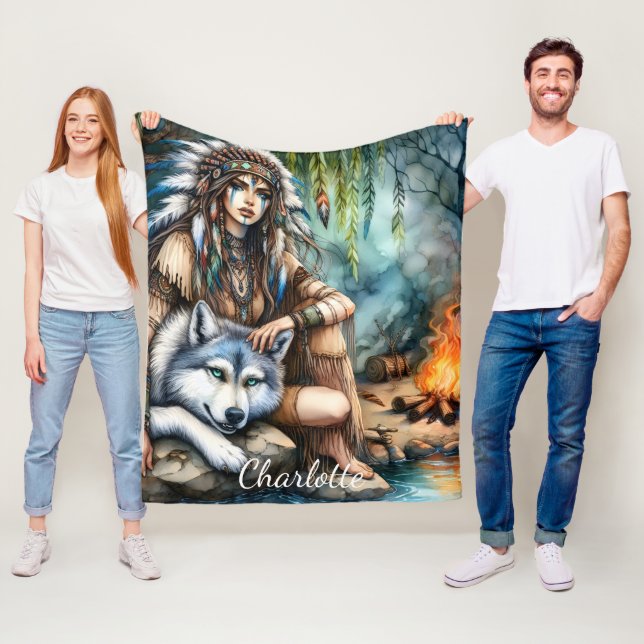 Couverture Polaire Scène tranquille : Amérindiens et loups par l'eau (En situation)