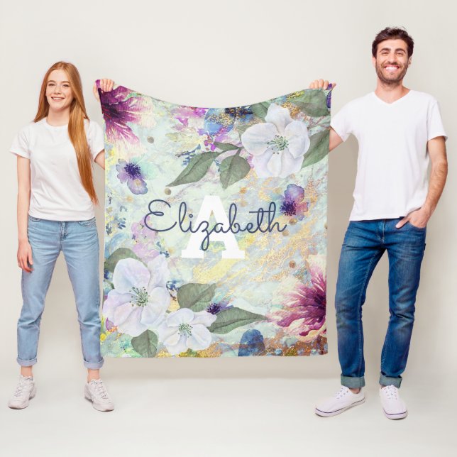 Couverture Polaire Script d'aquarelle vintage fleurie vert monogramme (En situation)