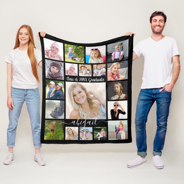 Couverture Polaire Script manuscrit 19 Photo Collage Diplômé Noir (En situation)