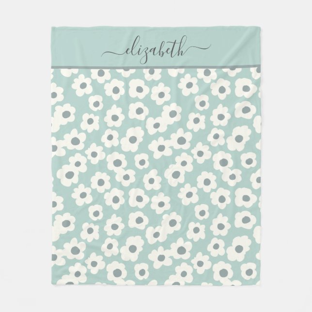 Couverture Polaire Script Monogramme Boho vert blanc gris floral (Devant)