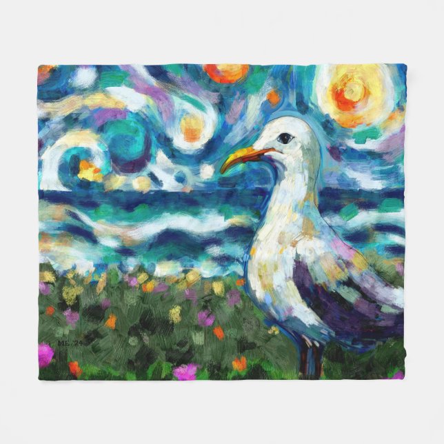 Couverture Polaire Seagull Van Gogh Style Plage Sky Blue Turquoise (Devant (Horizontal))