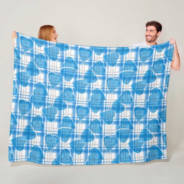 Couverture Polaire Seamless Valentines Day blue hearts checkered plai (En situation)