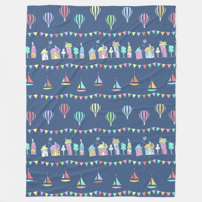 Couverture Polaire Seaside Town Sail Boats and Bunting Pattern Blue (Devant)