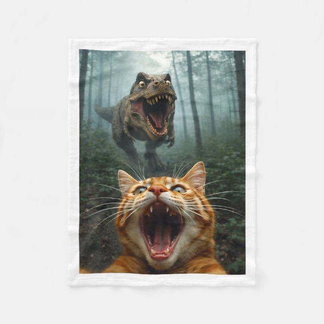 Couverture Polaire Selfie de chat orange avec T-Rex dinosaure drôle h (Devant)