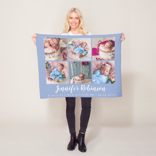 Couverture Polaire Serenity Blue Monogrammed Birth Stat Photo Collage (En situation)