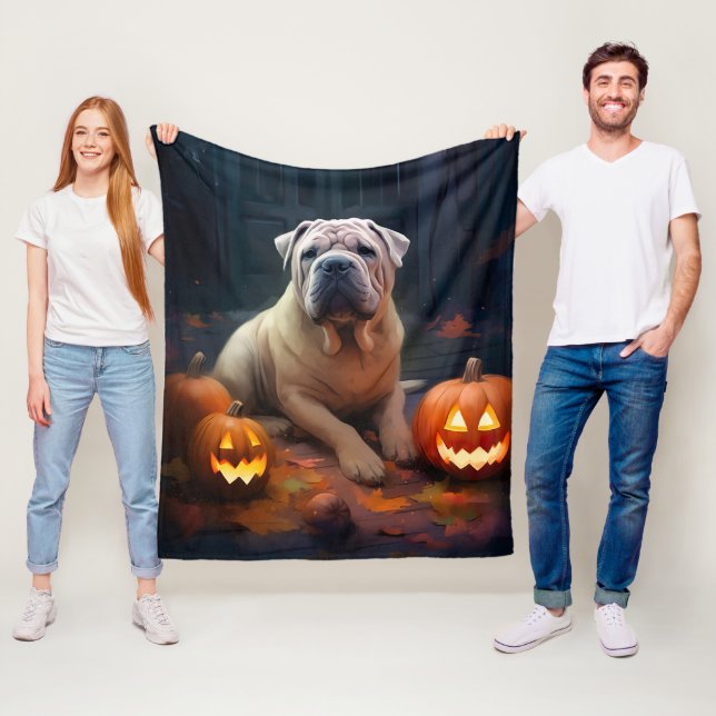 Couverture Polaire Shar Pei d'Halloween avec citrouilles effrayant (En situation)