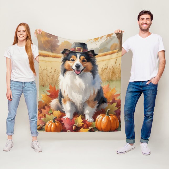 Couverture Polaire Sheltie Feuilles d'automne Art de Thanksgiving (En situation)