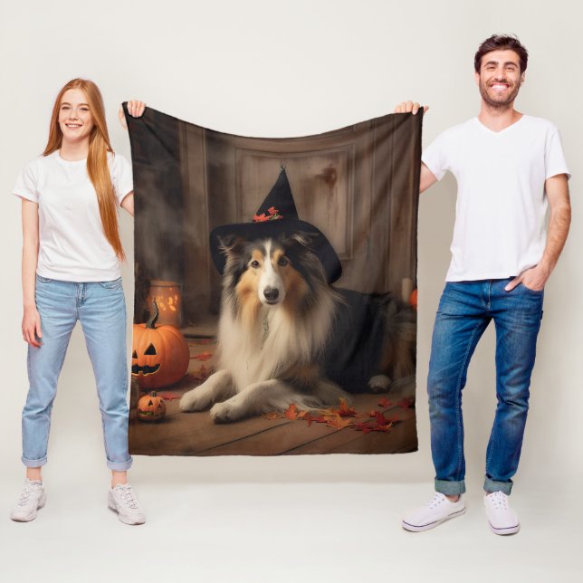 Couverture Polaire Shetland Sheepdog Citrouille Halloween effrayant (En situation)
