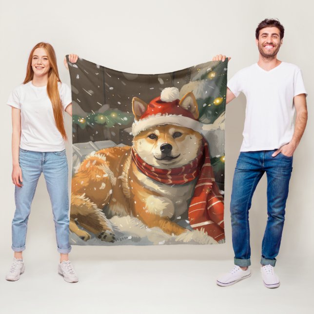 Couverture Polaire Shiba Inu Chien Festive de Noël (En situation)