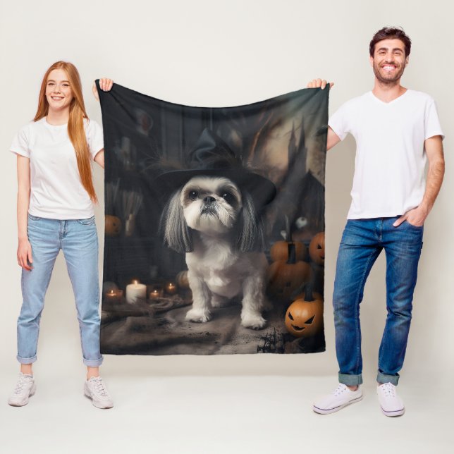 Couverture Polaire Shih Tzu Citrouilles Halloween effrayant (En situation)