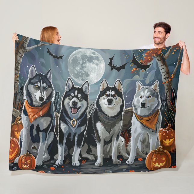 Couverture Polaire Siberian Husky Halloween Épouvantable  (En situation)