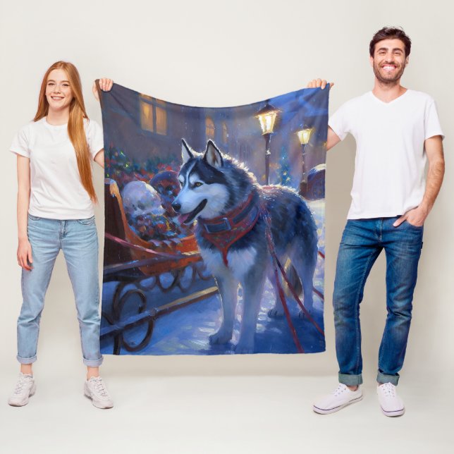 Couverture Polaire Siberian Husky Saison de Fêtes de Noël (En situation)