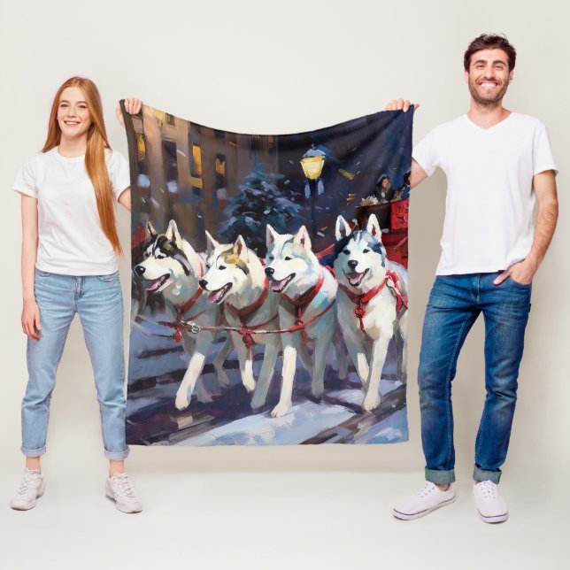Couverture Polaire Siberian Husky Saison de Noël festive (En situation)