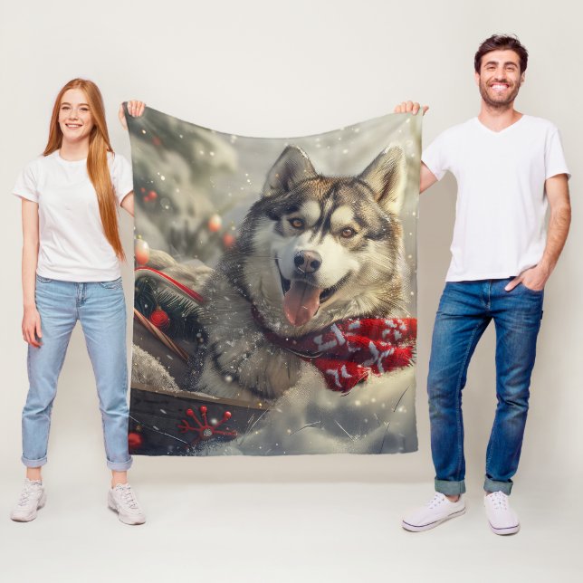 Couverture Polaire Sibérie Husky Chien Festif de Noël (En situation)