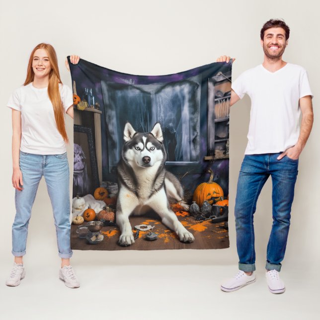 Couverture Polaire Sibérie Husky Citrouille Halloween effrayant (En situation)
