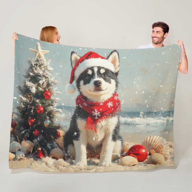 Couverture Polaire Sibérie Husky Dog Noël Plage Vintage (En situation)