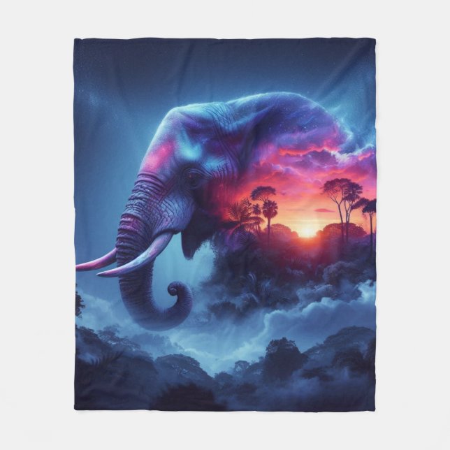 Couverture Polaire Silhouette d'éléphant fusionnée avec coucher de so (Devant)