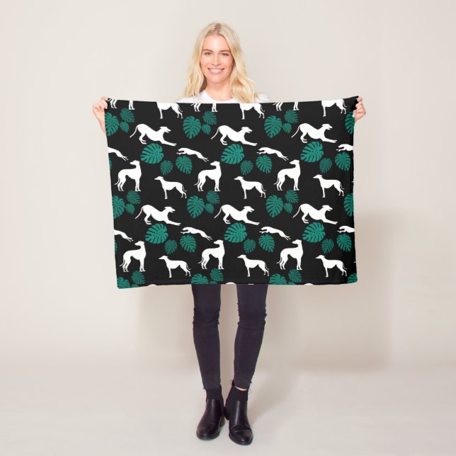 Couverture Polaire Silhouettes Greyt Greyhound avec Feuilles Monstera (En situation)
