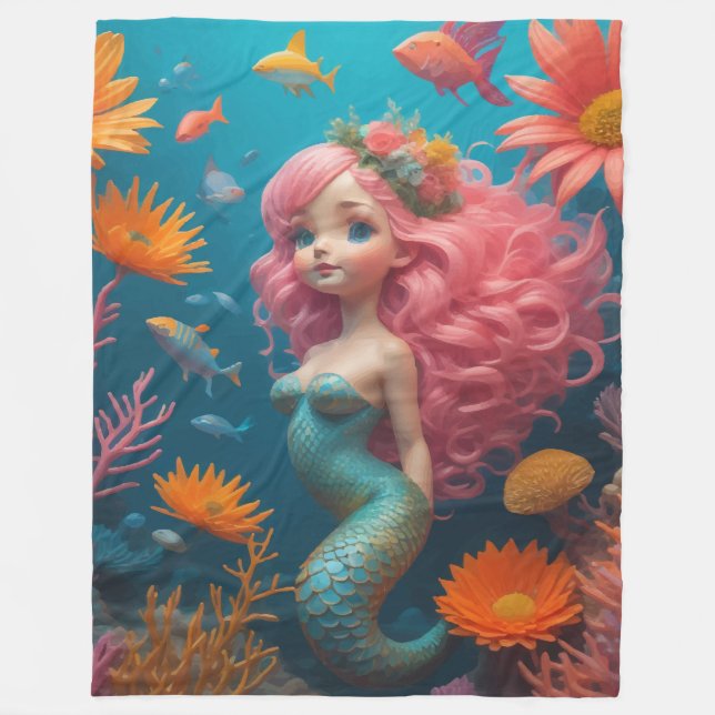 Couverture Polaire Sirène mignonne rose (Devant)