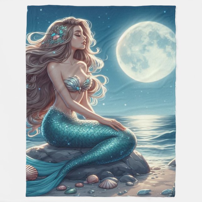 Couverture Polaire Sirène sur la plage la nuit (Devant)